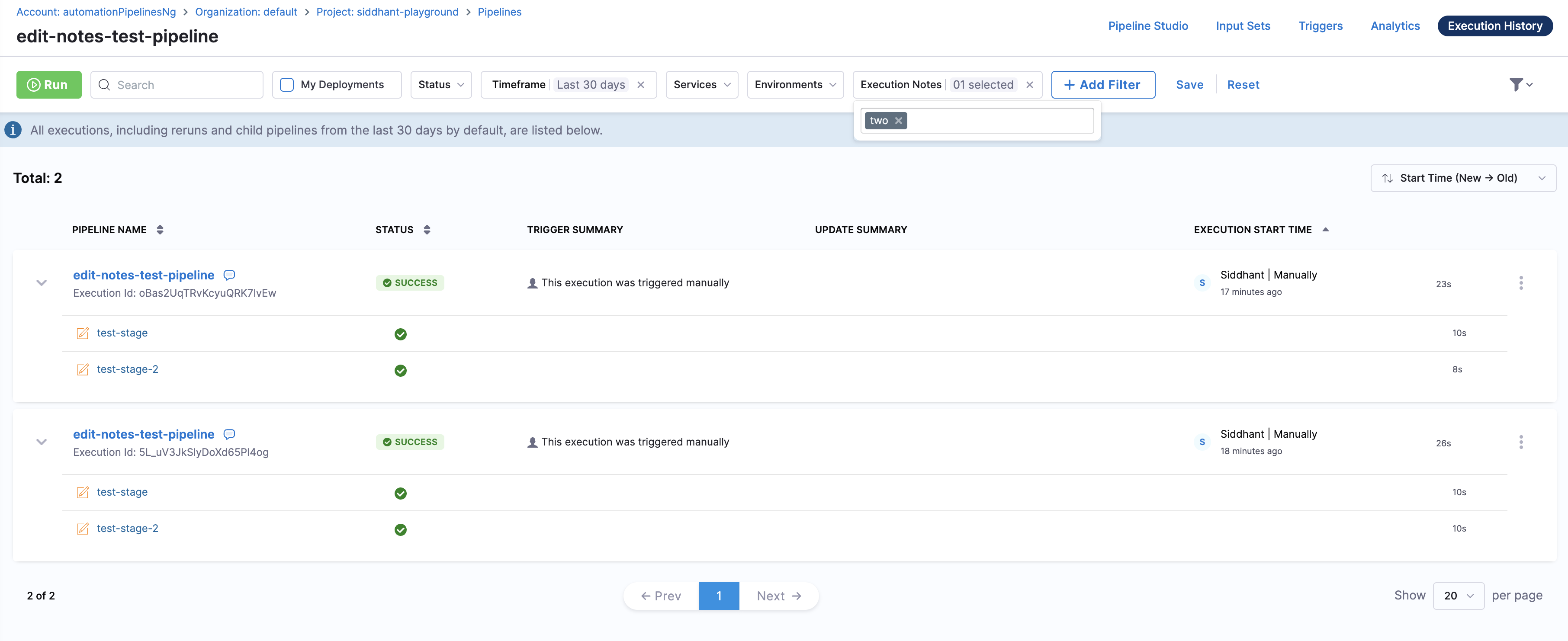 notes for filtering two stage pipeline execution